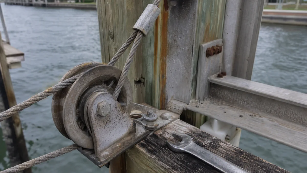 Cable, pulley, and hardware details often reveal whether the issue is isolated or part of a larger wear pattern.